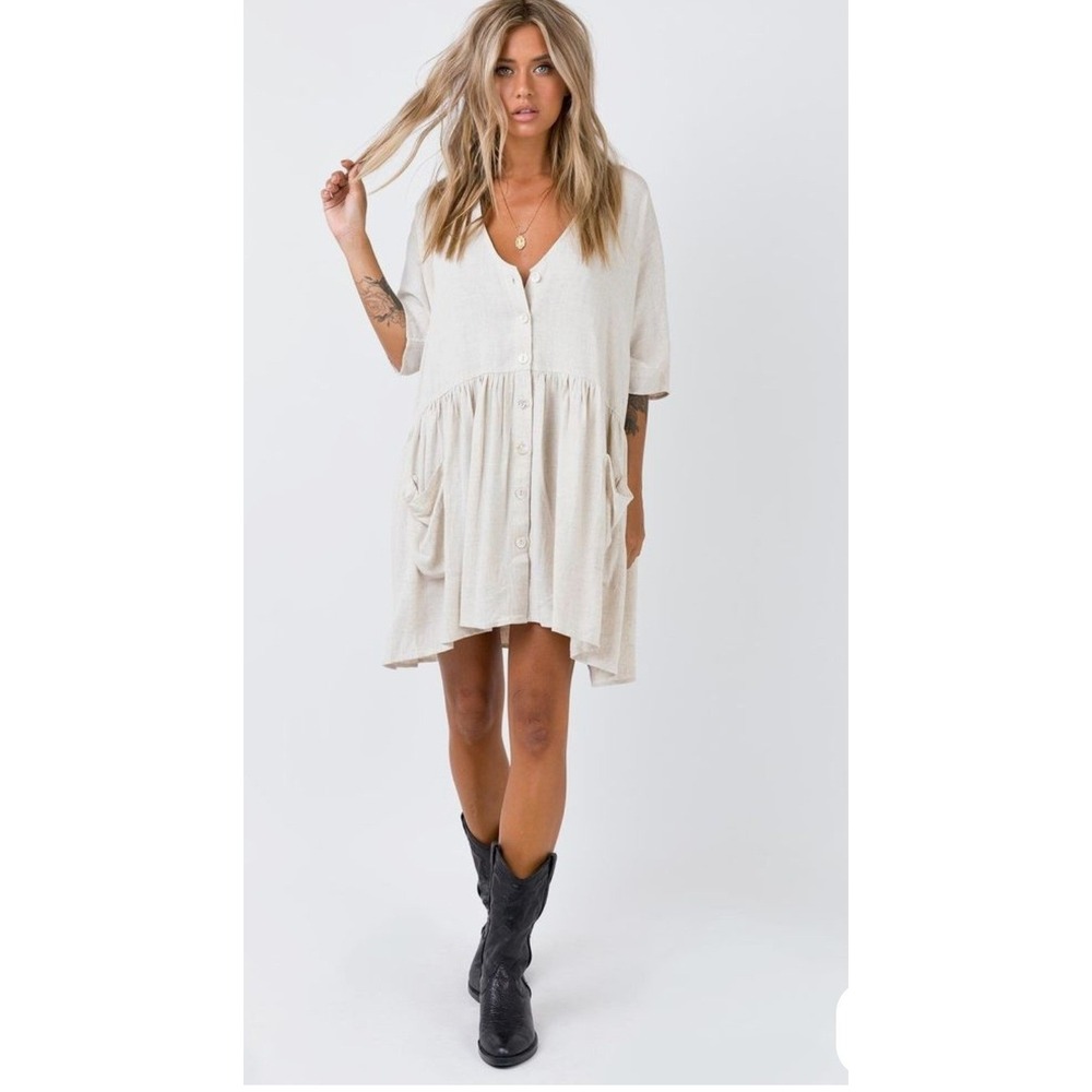 Princess Polly Oversized Beige Babydoll Dress Linen-look Lagenlook Preppy Cotton - Picture 2 of 8
